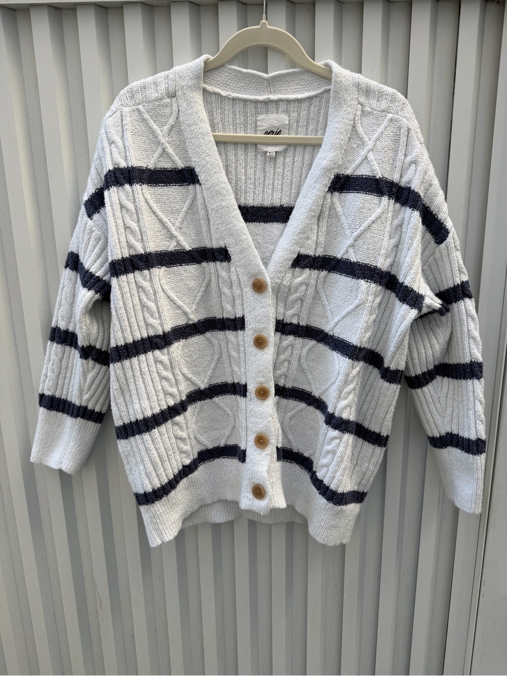 Aerie Oversized Cable Knit Striped Cardigan Sweater Cream Navy M